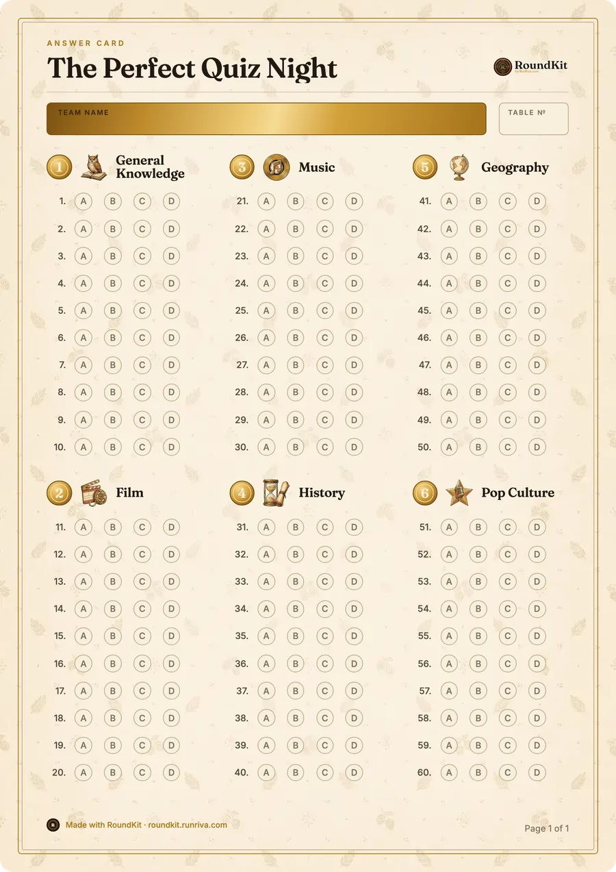 RoundKit answer card, ready to print