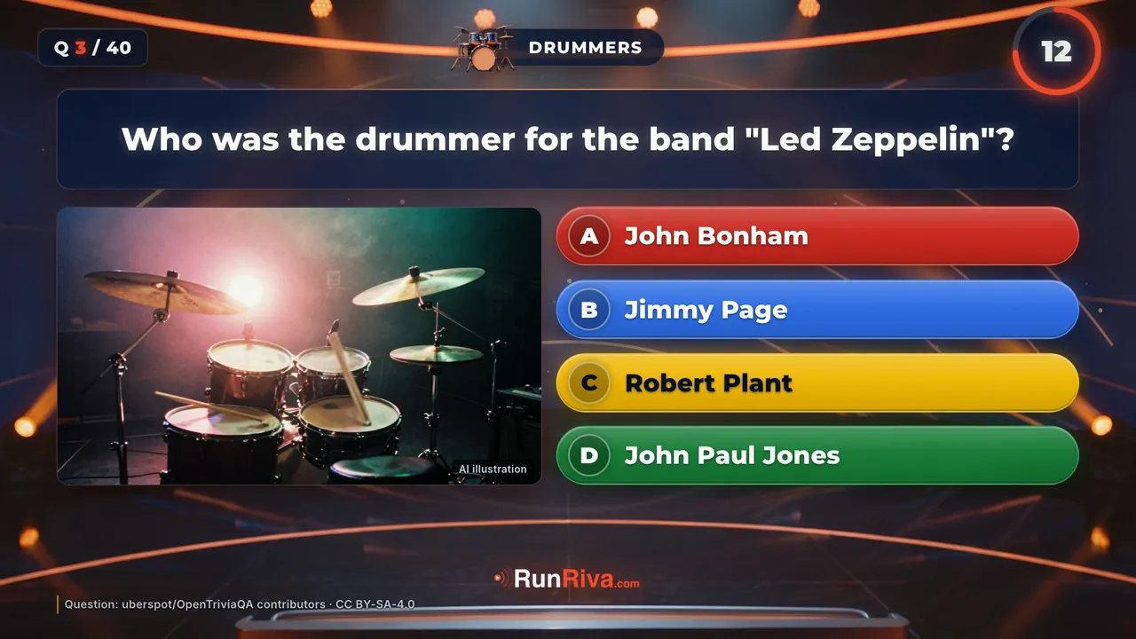 A question from the classic rock episode: four colour-coded answers, the countdown ring and the source credit in the corner of the frame