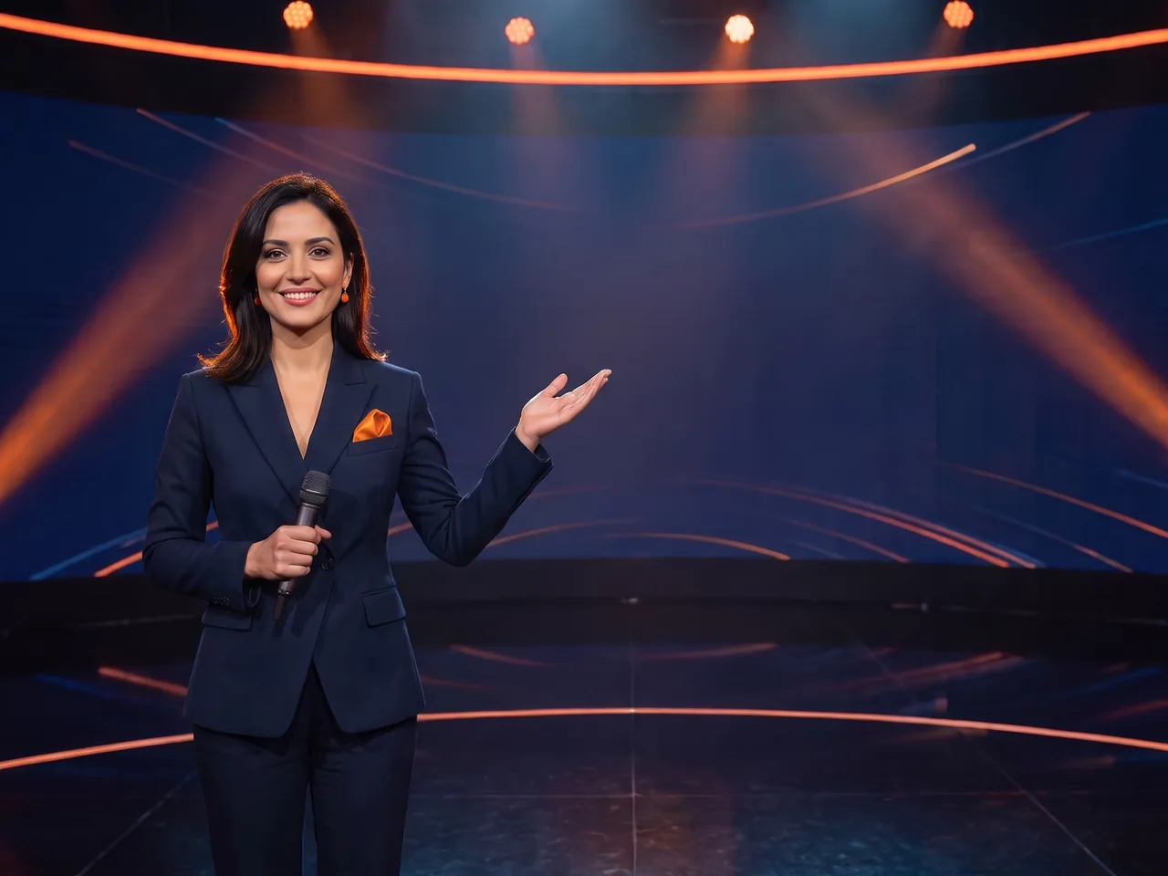 Riva, the AI host of the show, on the RunRiva Quiz Show set
